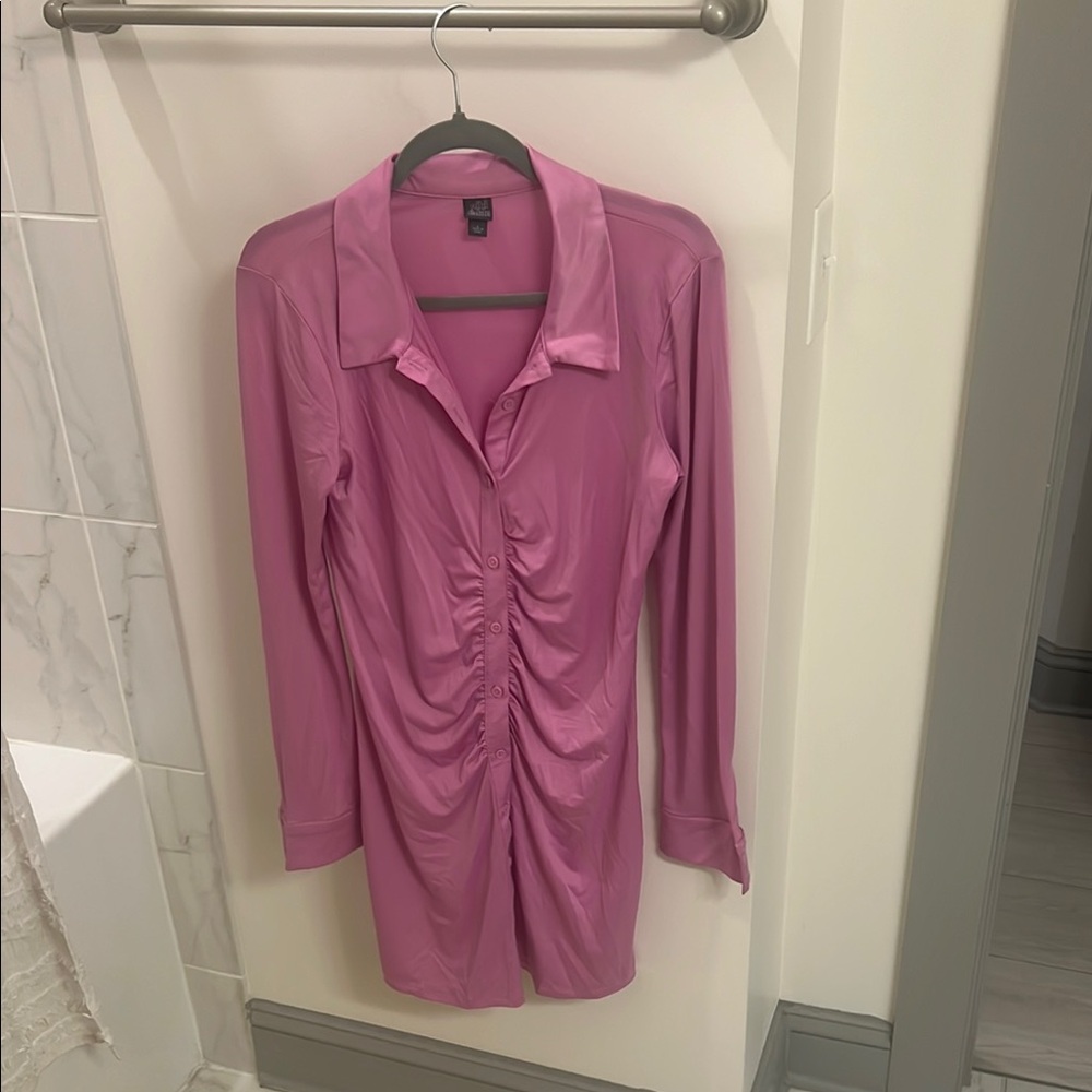 Wild Fable Pink Ruched Long Sleeve Notched Collar Mini Dress
